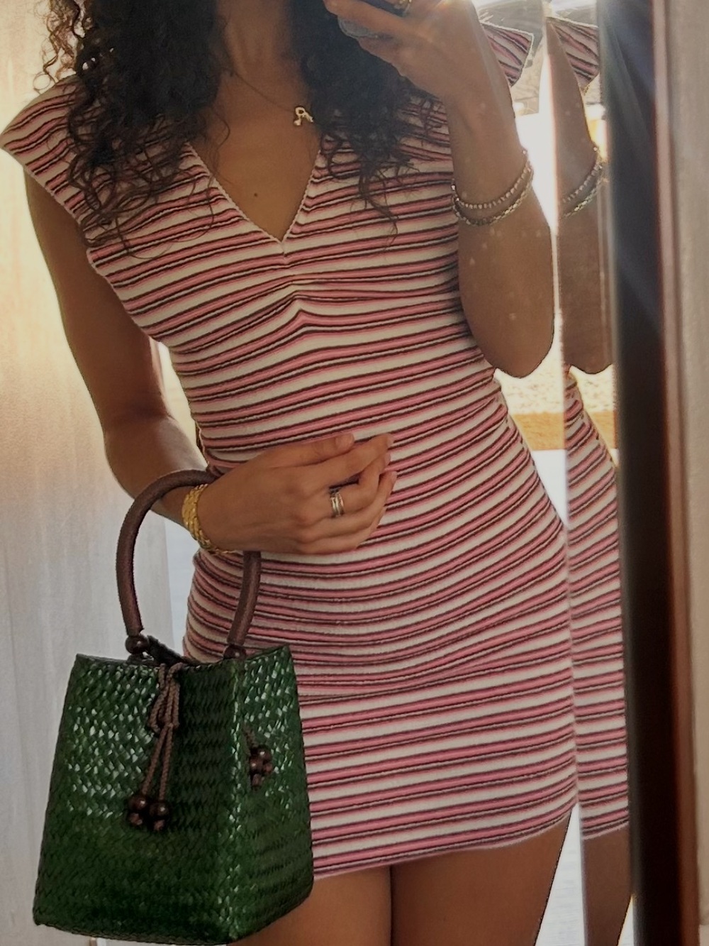 Striped Pink Cap-Sleeve V-Neck Bodycon Dress